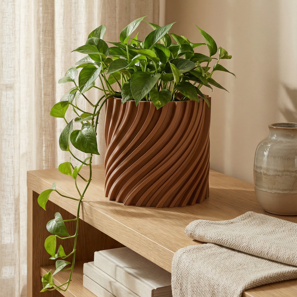 TwistFlow Planter – Modern 3D Printed Terracotta Look Pot