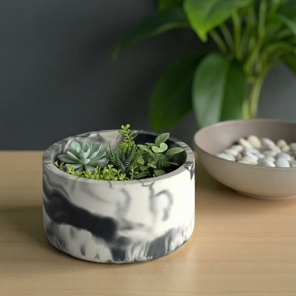 Marble Round Planter – Handcrafted Concrete Succulent Pot