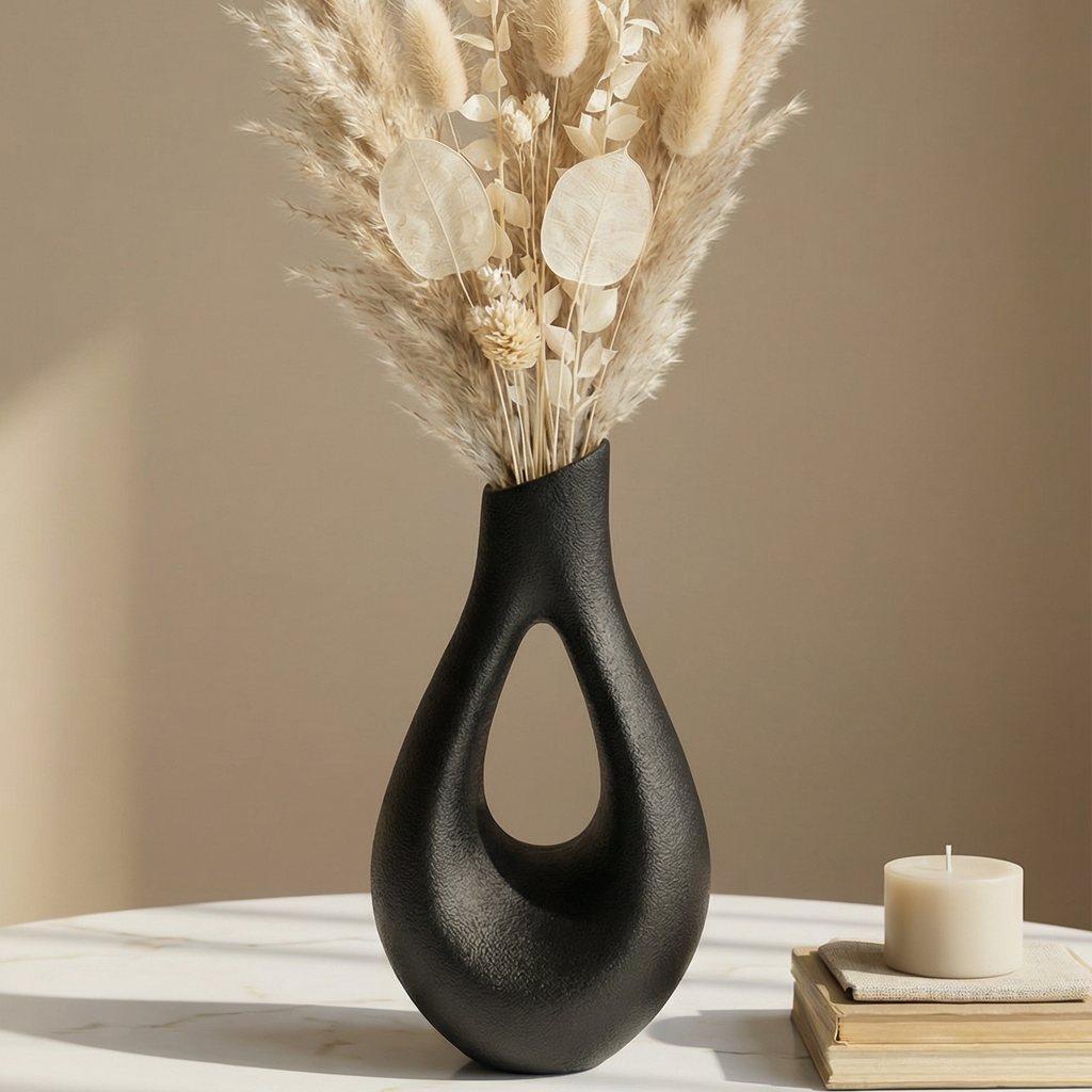 Eclipse Loop Vase – Matte Black 3D Printed Sculpture Vase