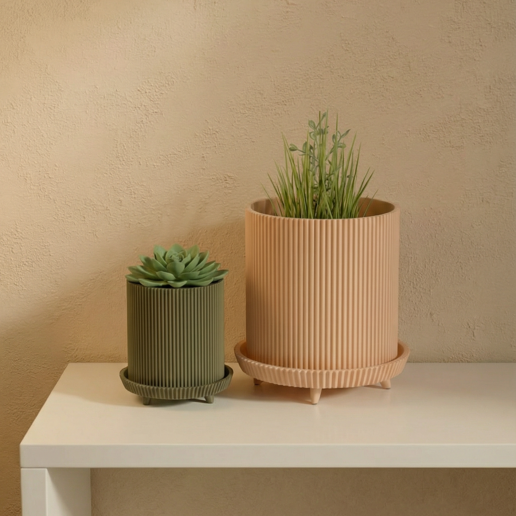 Ribbed Planter Set – Terracotta Peach & Olive Green with drainage hole