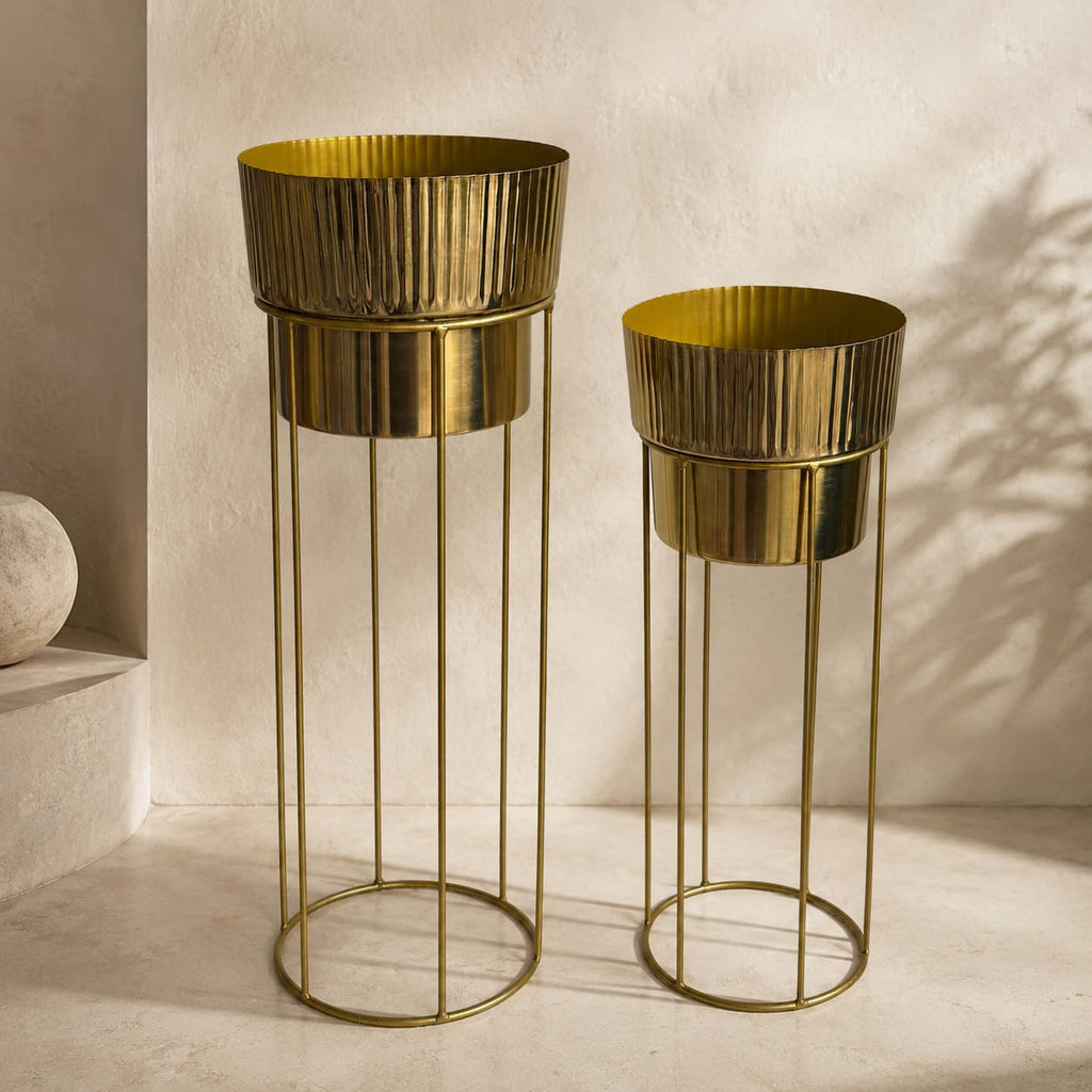 Artha Living Metal Planter Stand Set of 2 | Gold Finish Tall Indoor Planters with Elevated Stands | Small & Large