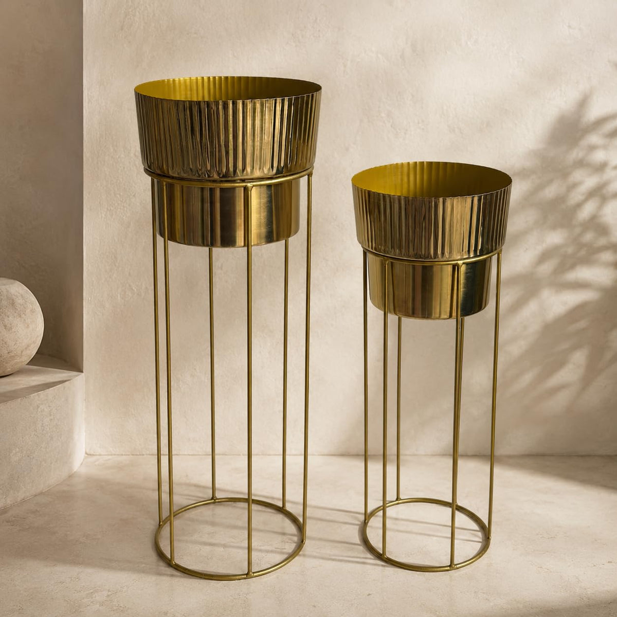 Artha Living Metal Planter Stand Set of 2 | Gold Finish Tall Indoor Planters with Elevated Stands | Small & Large
