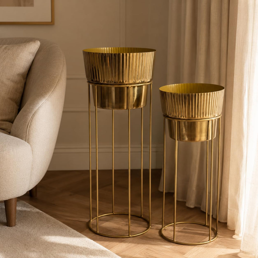 Artha Living Metal Planter Stand Set of 2 | Gold Finish Tall Indoor Planters with Elevated Stands | Small & Large