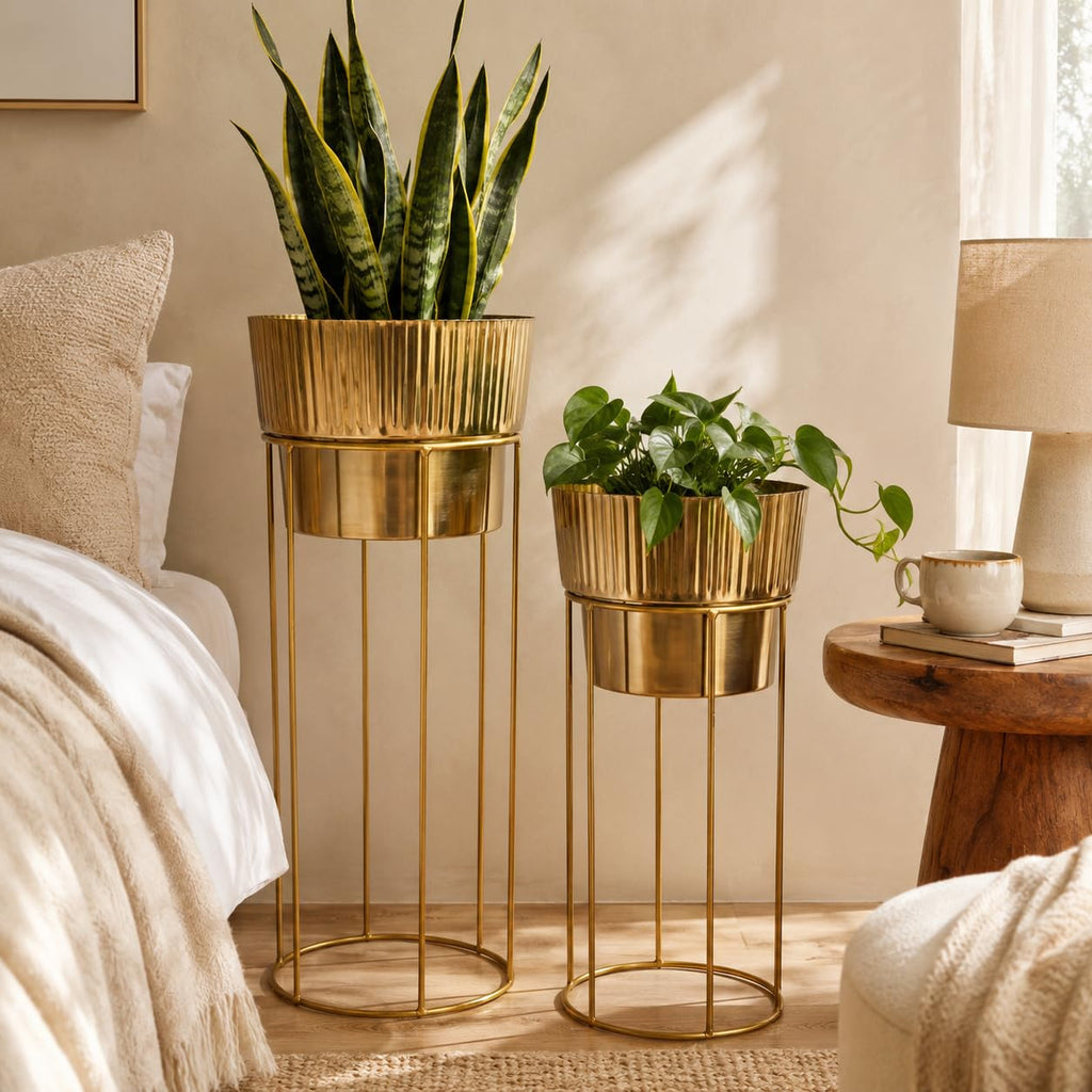 Artha Living Metal Planter Stand Set of 2 | Gold Finish Tall Indoor Planters with Elevated Stands | Small & Large