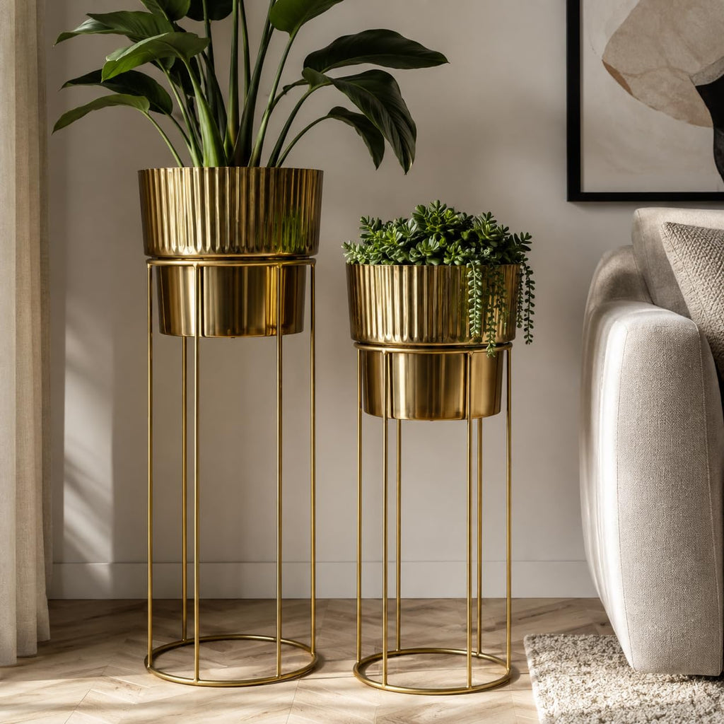 Artha Living Metal Planter Stand Set of 2 | Gold Finish Tall Indoor Planters with Elevated Stands | Small & Large