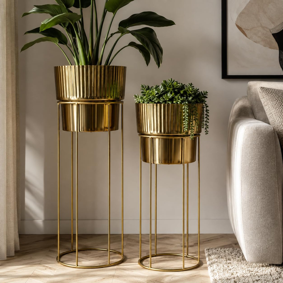 Artha Living Metal Planter Stand Set of 2 | Gold Finish Tall Indoor Planters with Elevated Stands | Small & Large