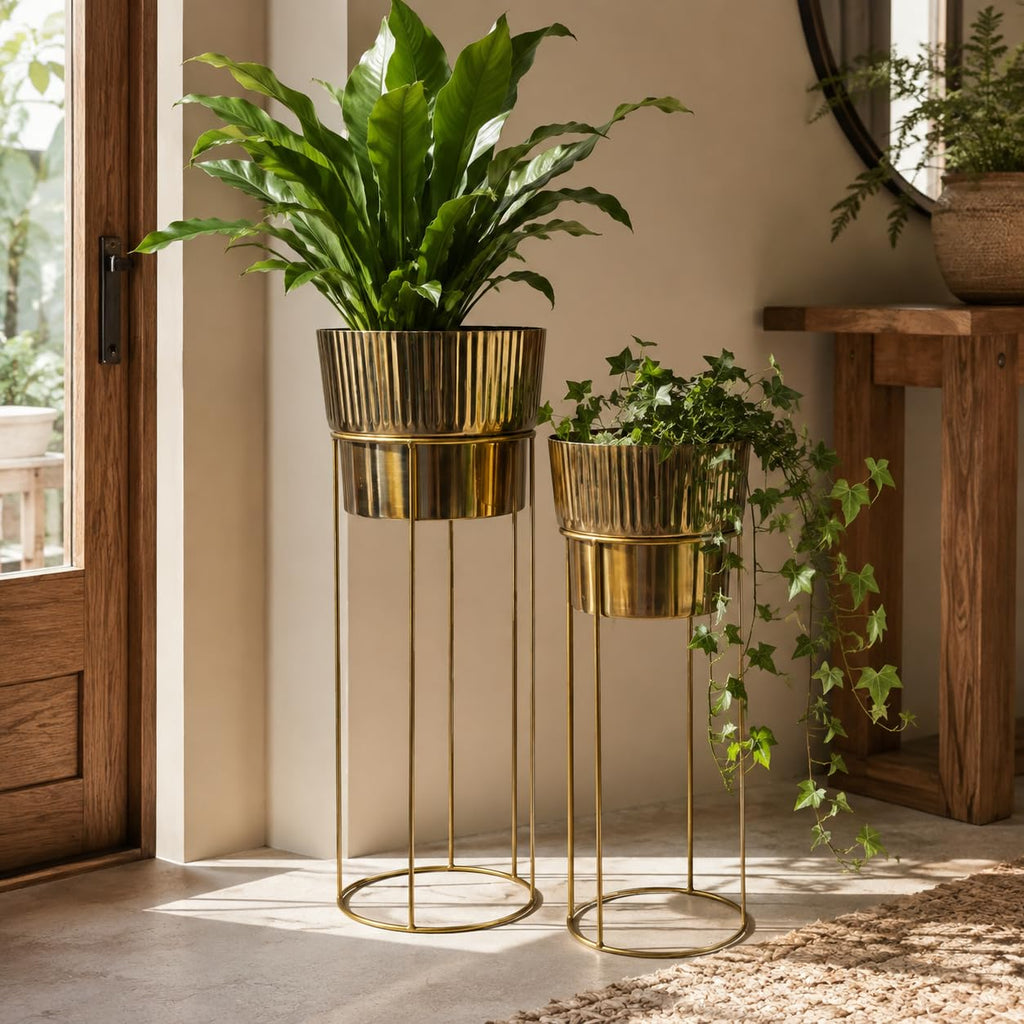 Artha Living Metal Planter Stand Set of 2 | Gold Finish Tall Indoor Planters with Elevated Stands | Small & Large