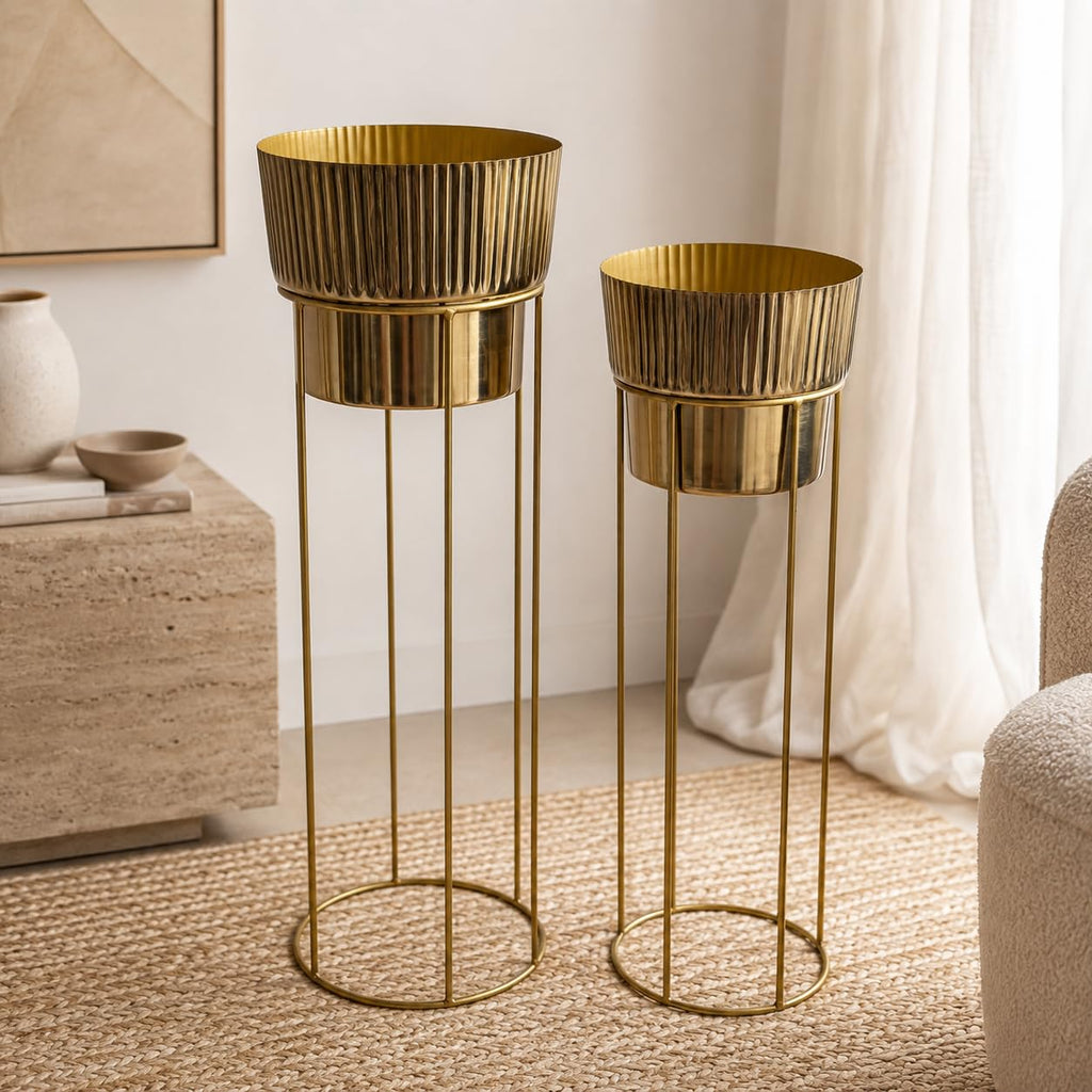 Artha Living Metal Planter Stand Set of 2 | Gold Finish Tall Indoor Planters with Elevated Stands | Small & Large