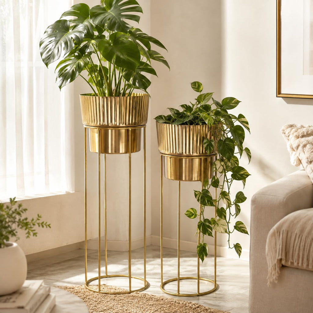 Artha Living Metal Planter Stand Set of 2 | Gold Finish Tall Indoor Planters with Elevated Stands | Small & Large