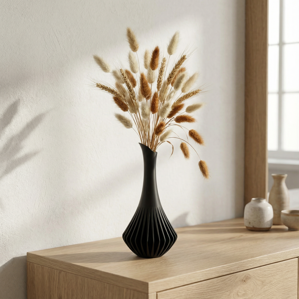 Modern Sculptural Vase with Ribbed Design – Minimal Decorative Vase for Dried Flowers & Home Décor