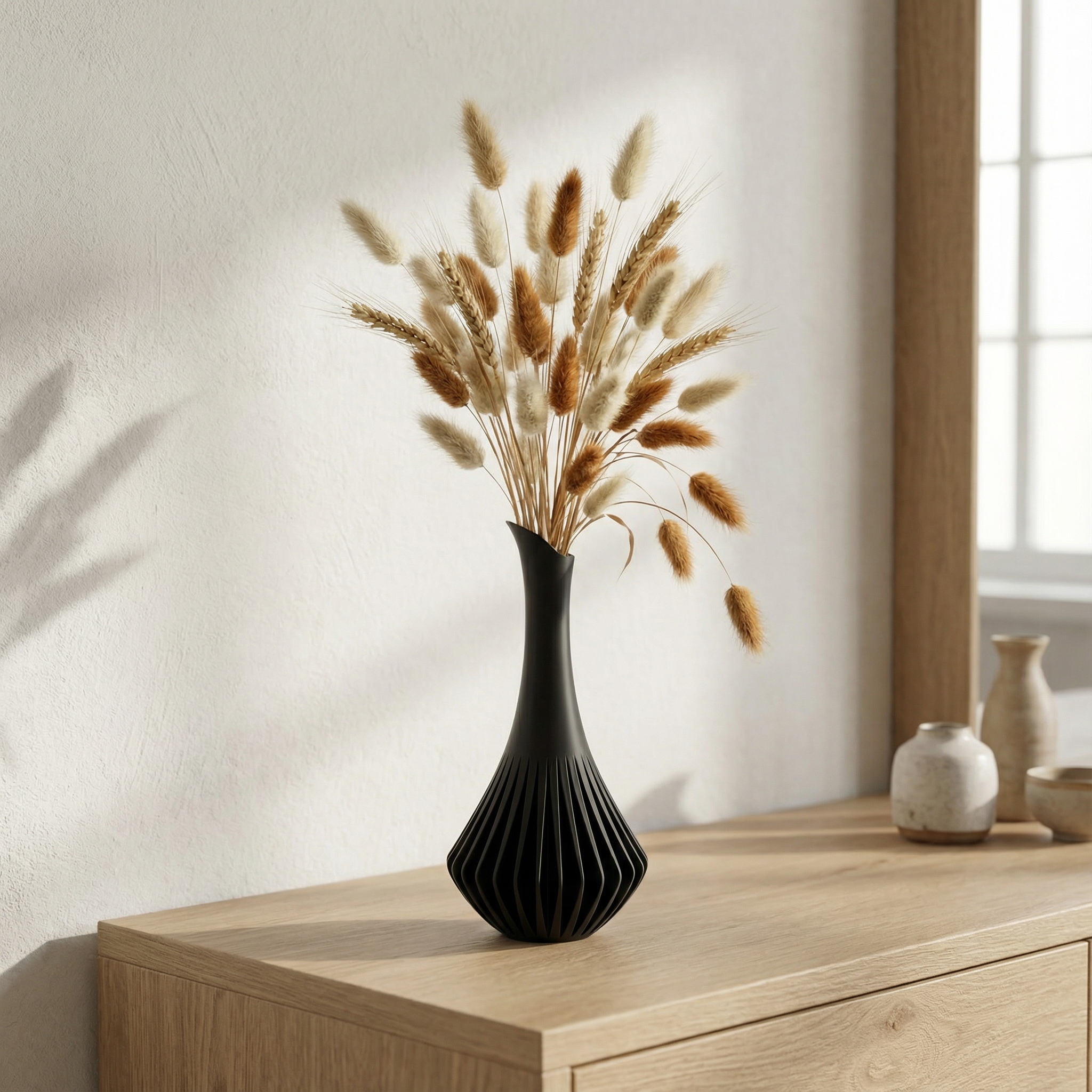 Modern Sculptural Vase with Ribbed Design – Minimal Decorative Vase for Dried Flowers & Home Décor