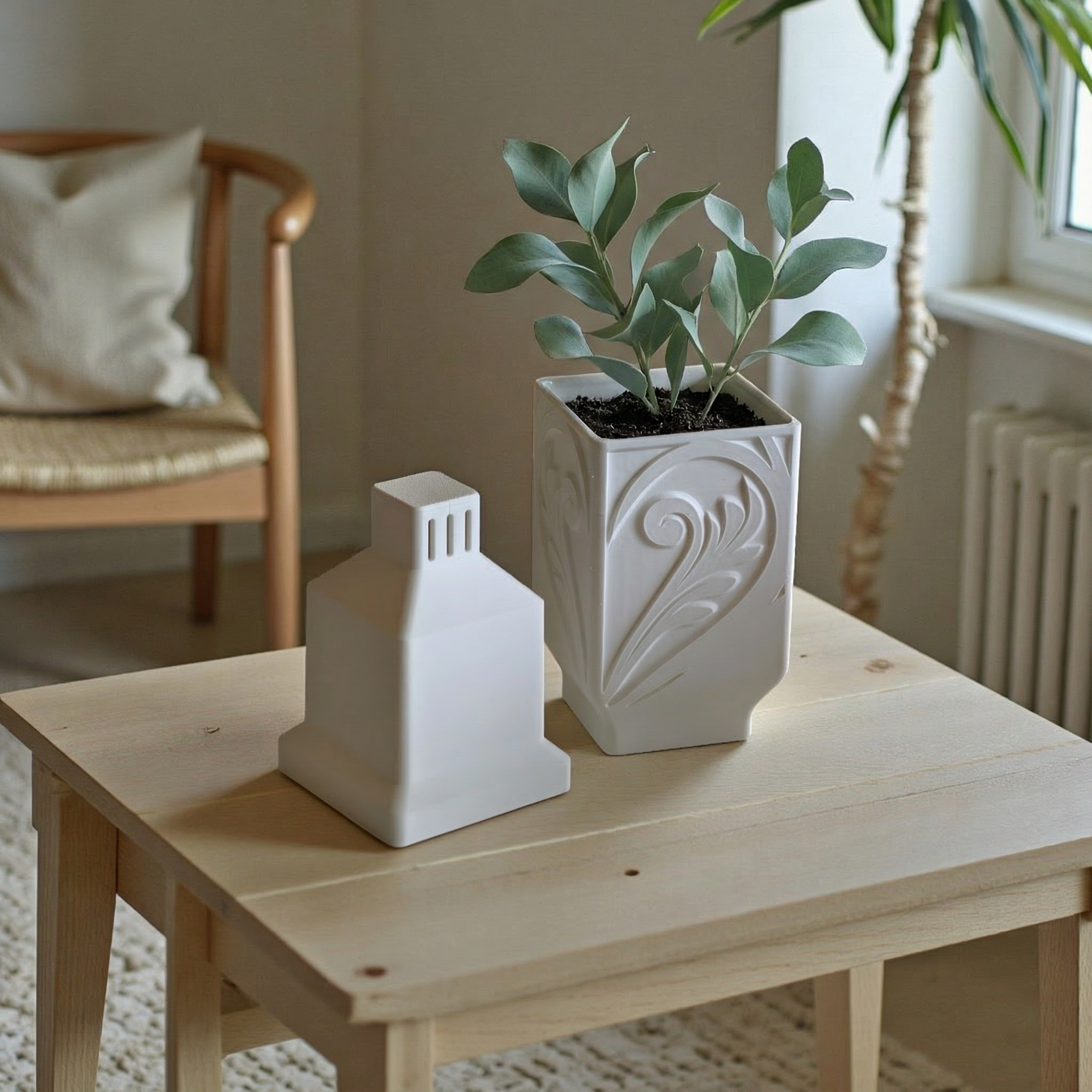 Modern Sculpted Planter with Drainage Hole – Minimal White Designer Pot for Indoor Plants