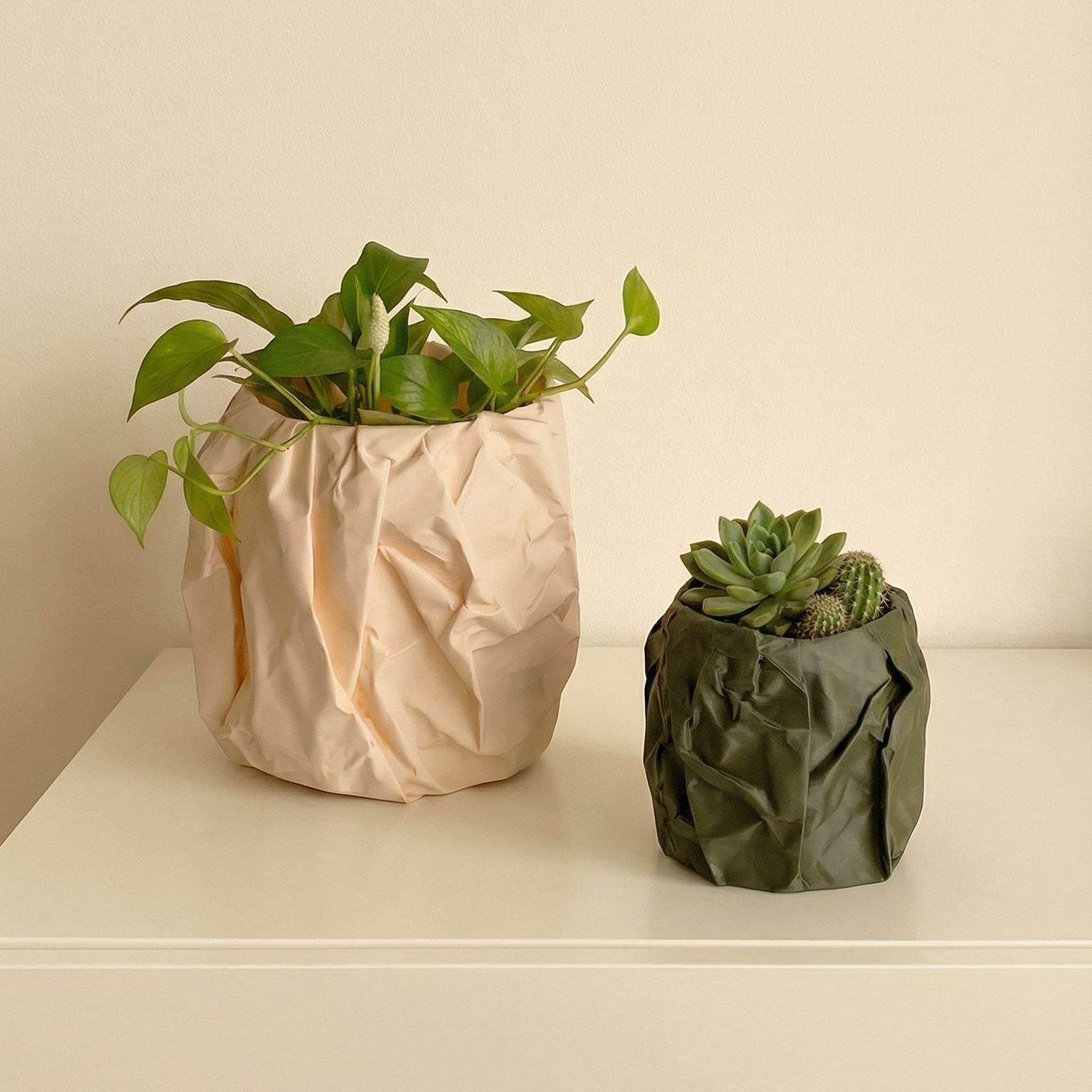 Crumpled Paper Texture Planter Set – Peach & Olive Green