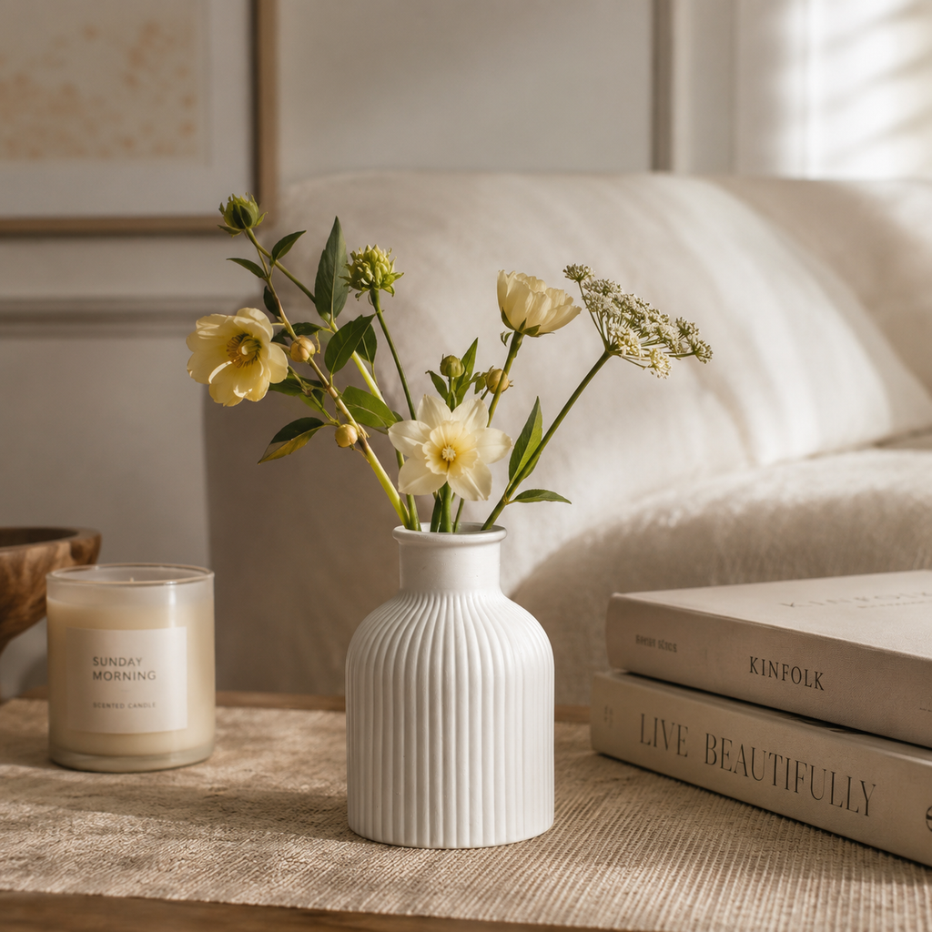 Minimalist White Concrete Vase for Fresh & Dried Flowers | Waterproof Decorative Flower Vase for Living Room, Dining Table & Home Décor