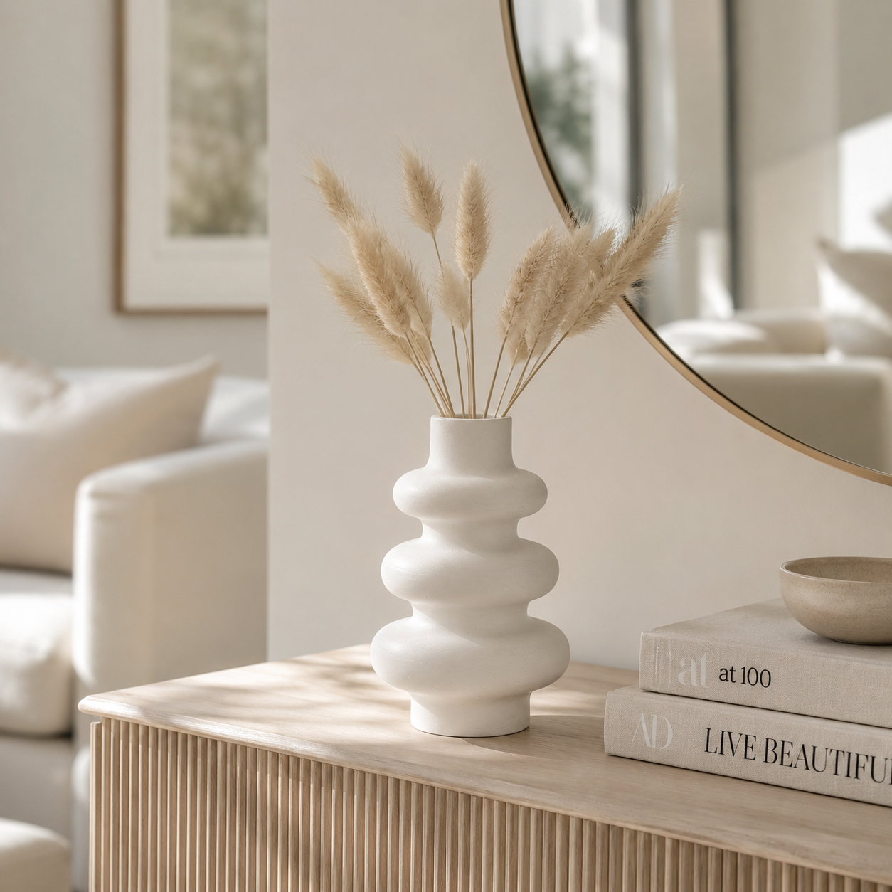 Modern Sculptural White Concrete Vase | Waterproof Decorative Vase for Fresh & Dried Flowers | Minimalist Home Décor Accent