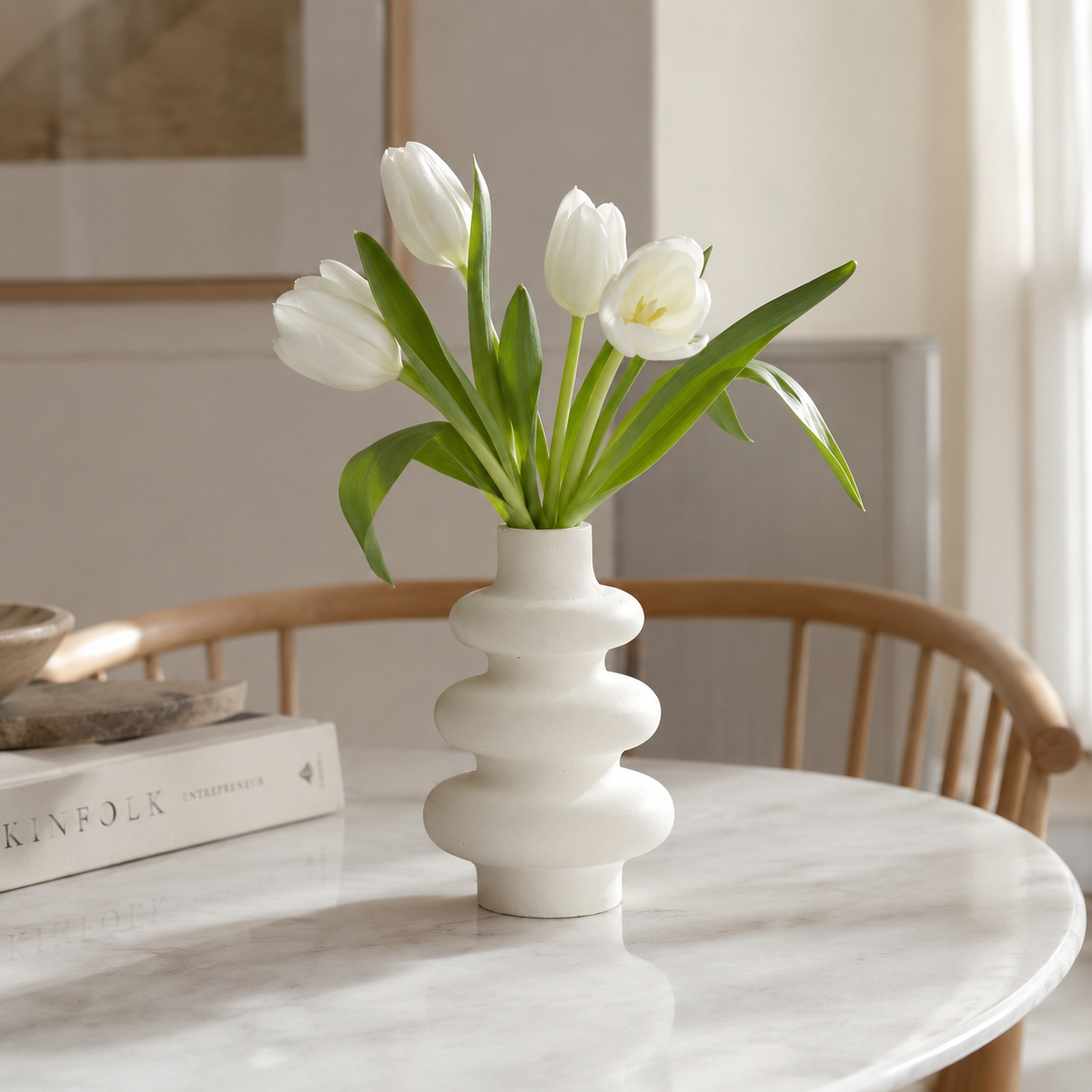 Modern Sculptural White Concrete Vase | Waterproof Decorative Vase for Fresh & Dried Flowers | Minimalist Home Décor Accent