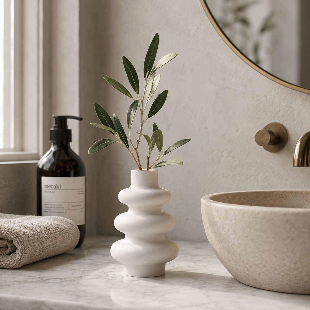 Modern Sculptural White Concrete Vase | Waterproof Decorative Vase for Fresh & Dried Flowers | Minimalist Home Décor Accent