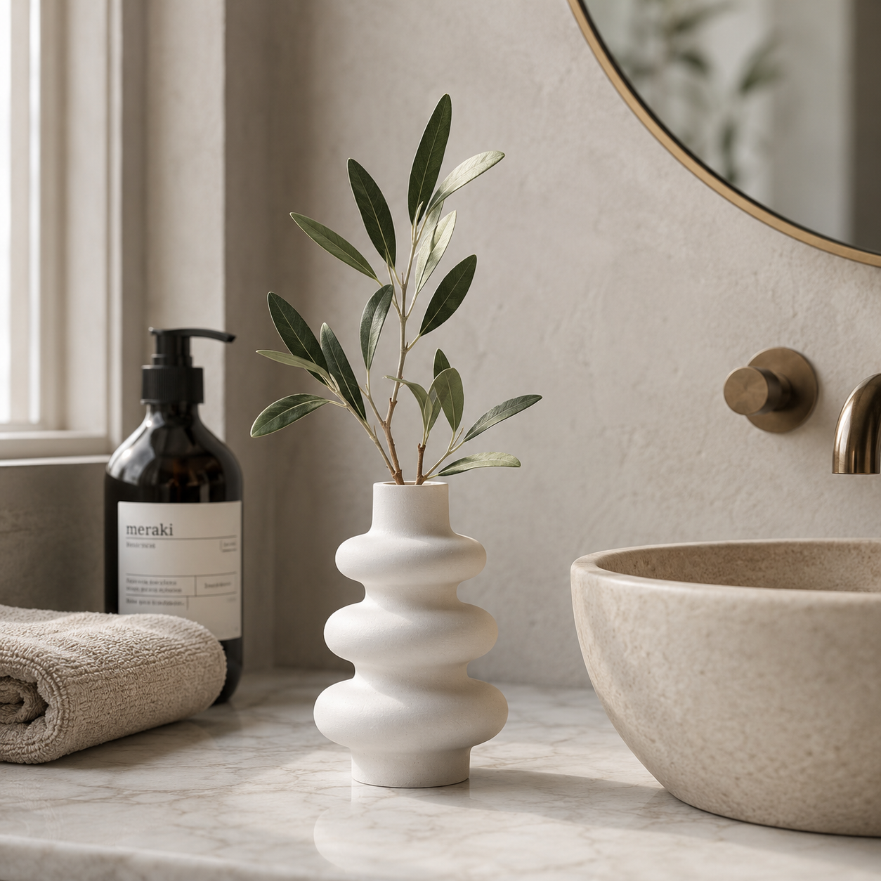 Modern Sculptural White Concrete Vase | Waterproof Decorative Vase for Fresh & Dried Flowers | Minimalist Home Décor Accent
