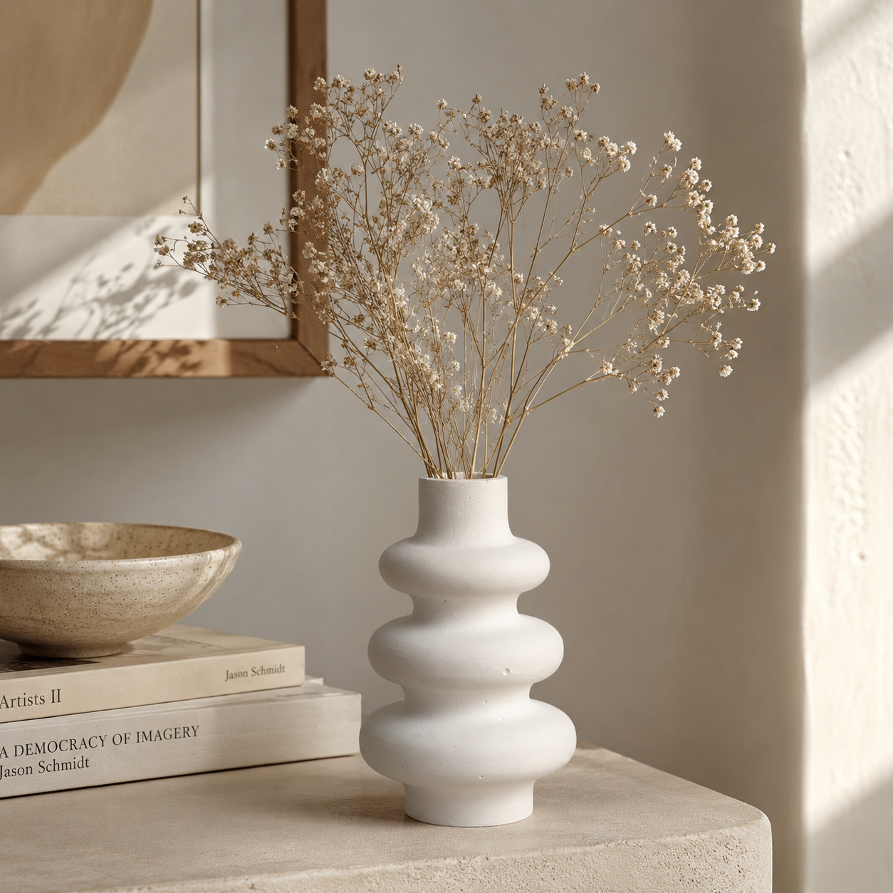 Modern Sculptural White Concrete Vase | Waterproof Decorative Vase for Fresh & Dried Flowers | Minimalist Home Décor Accent