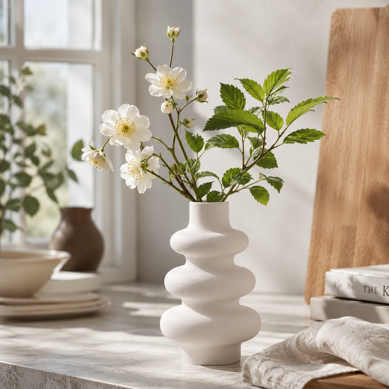 Modern Sculptural White Concrete Vase | Waterproof Decorative Vase for Fresh & Dried Flowers | Minimalist Home Décor Accent