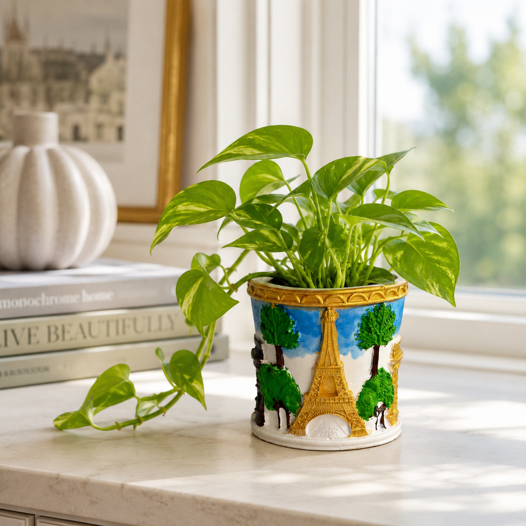 Hand-Painted Paris Concrete Planter | Waterproof Decorative Pot for Indoor Plants, Fresh & Dried Flowers | Eiffel Tower Planter