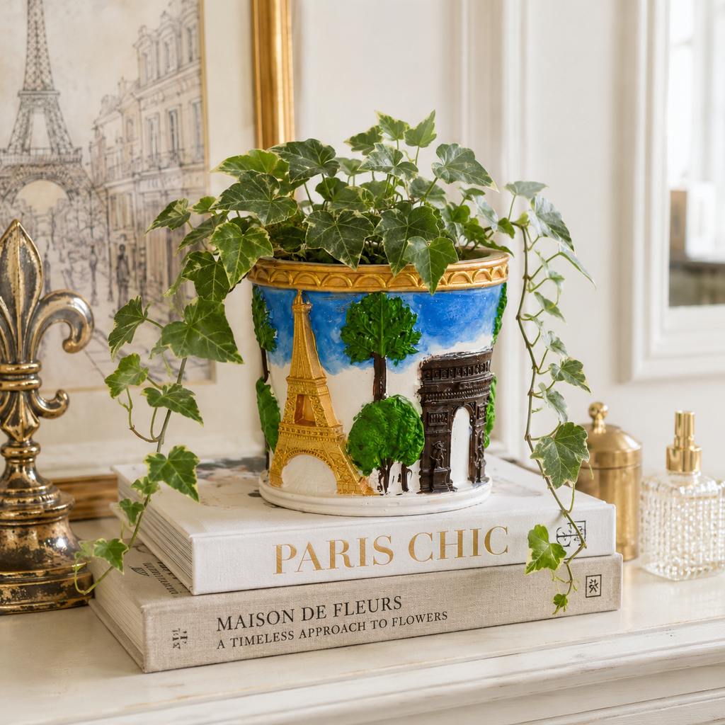 Hand-Painted Paris Concrete Planter | Waterproof Decorative Pot for Indoor Plants, Fresh & Dried Flowers | Eiffel Tower Planter
