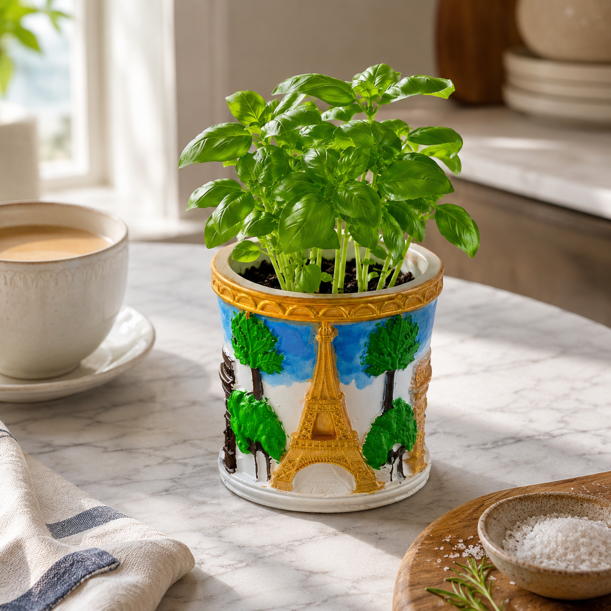 Hand-Painted Paris Concrete Planter | Waterproof Decorative Pot for Indoor Plants, Fresh & Dried Flowers | Eiffel Tower Planter