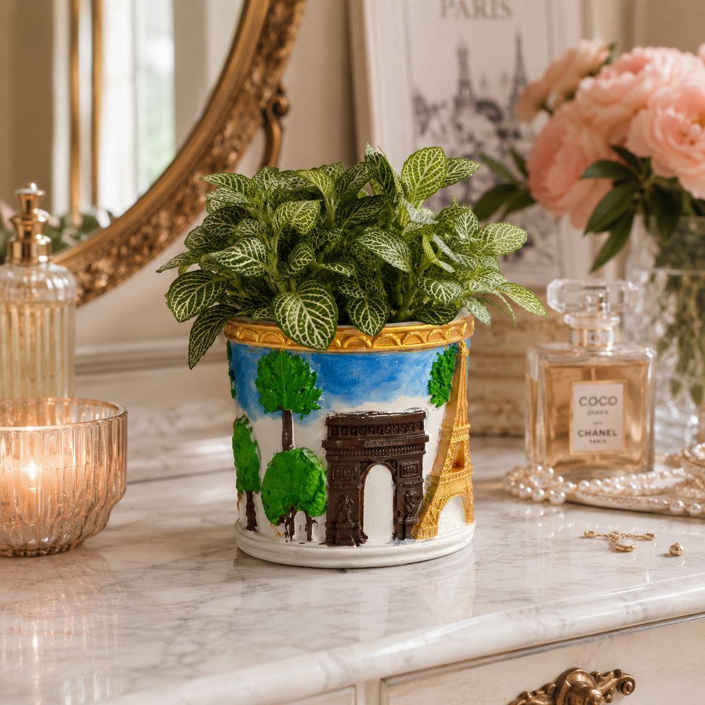 Hand-Painted Paris Concrete Planter | Waterproof Decorative Pot for Indoor Plants, Fresh & Dried Flowers | Eiffel Tower Planter
