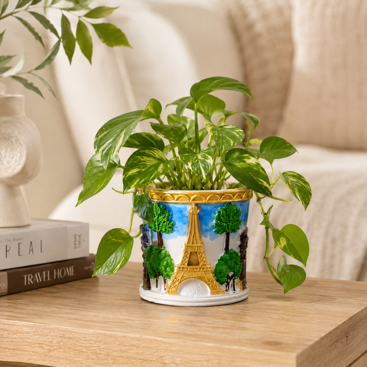 Hand-Painted Paris Concrete Planter | Waterproof Decorative Pot for Indoor Plants, Fresh & Dried Flowers | Eiffel Tower Planter