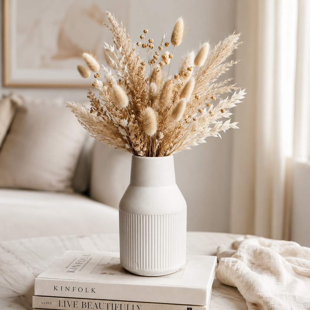 Modern White Concrete Vase | Waterproof Decorative Flower Vase for Fresh & Dried Flowers | Minimalist Ribbed Home Décor Accent