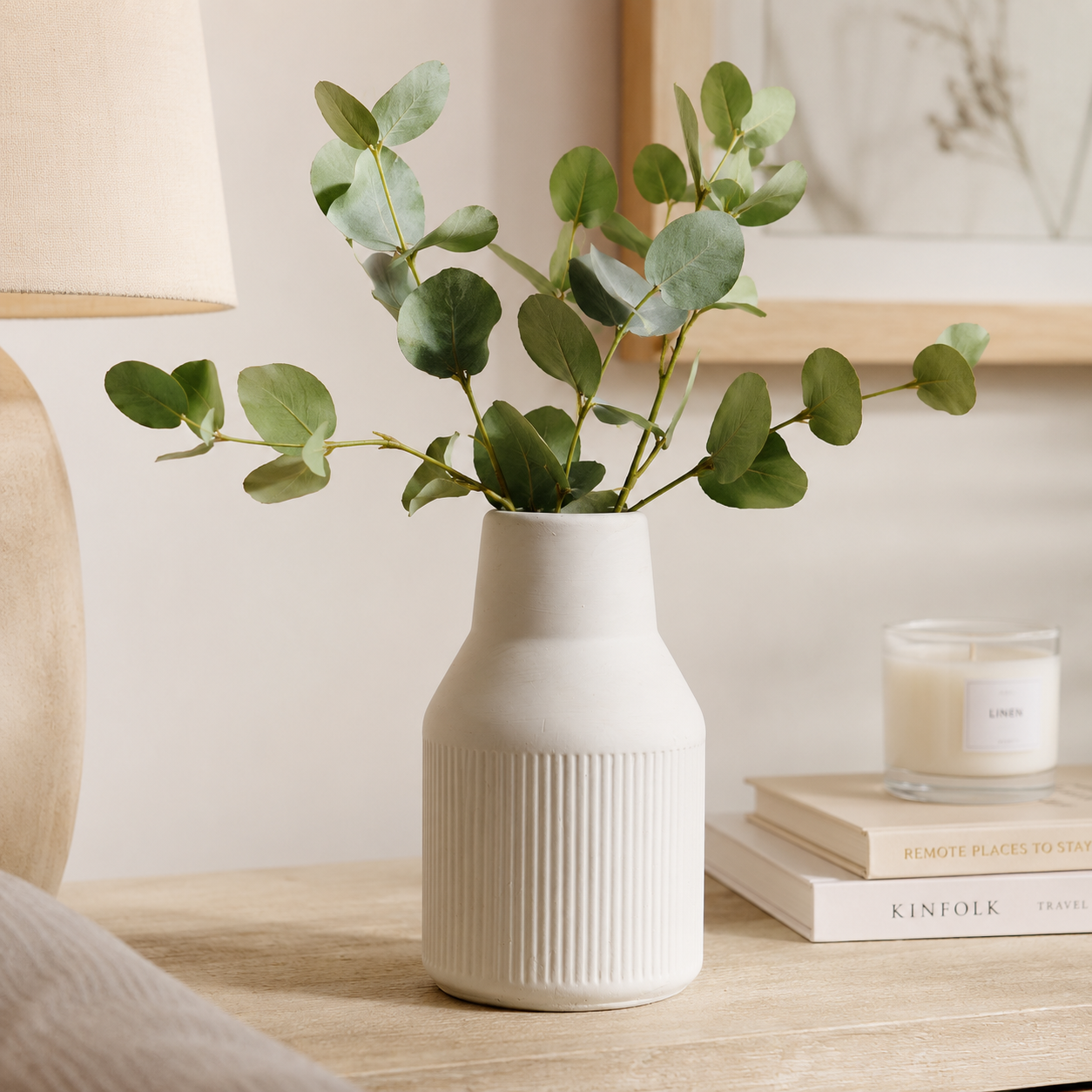 Modern White Concrete Vase | Waterproof Decorative Flower Vase for Fresh & Dried Flowers | Minimalist Ribbed Home Décor Accent