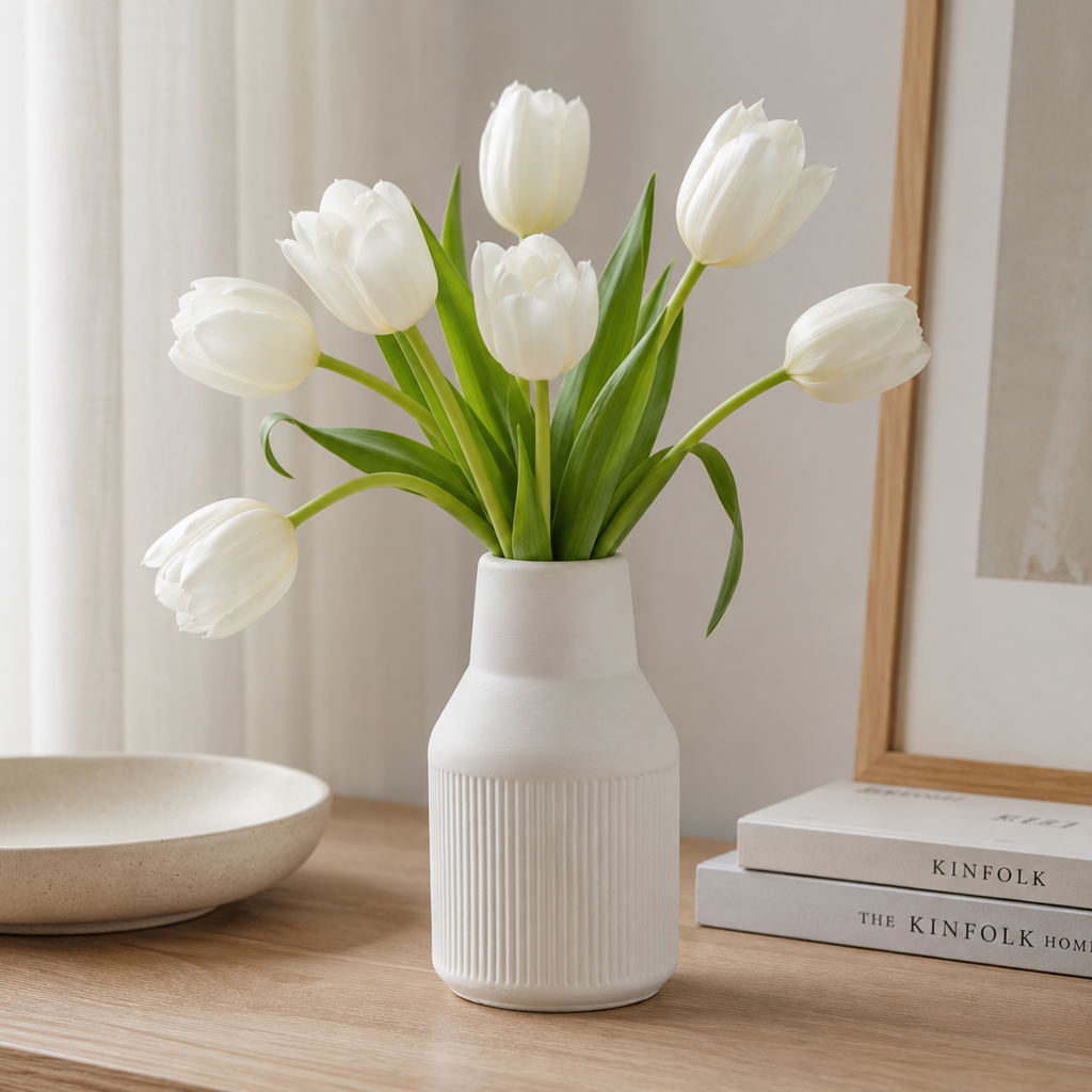 Modern White Concrete Vase | Waterproof Decorative Flower Vase for Fresh & Dried Flowers | Minimalist Ribbed Home Décor Accent