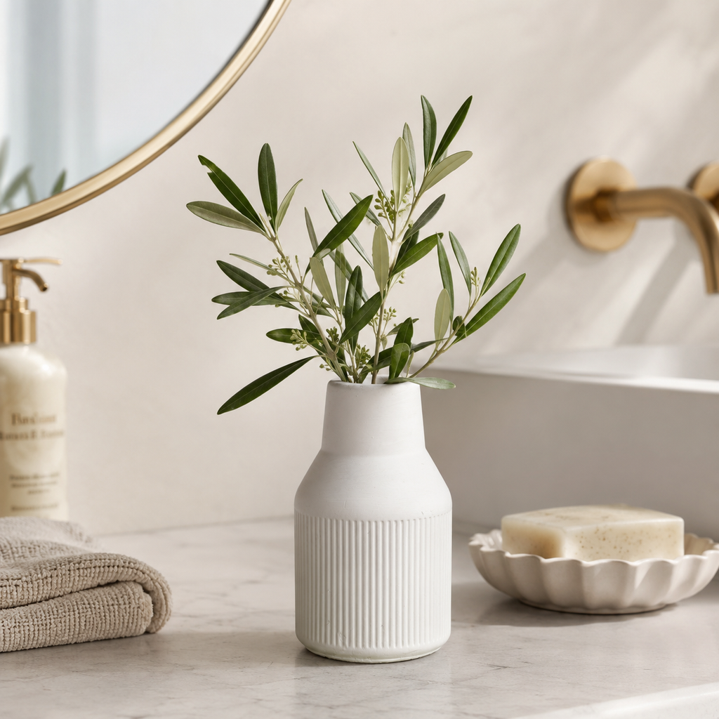 Modern White Concrete Vase | Waterproof Decorative Flower Vase for Fresh & Dried Flowers | Minimalist Ribbed Home Décor Accent