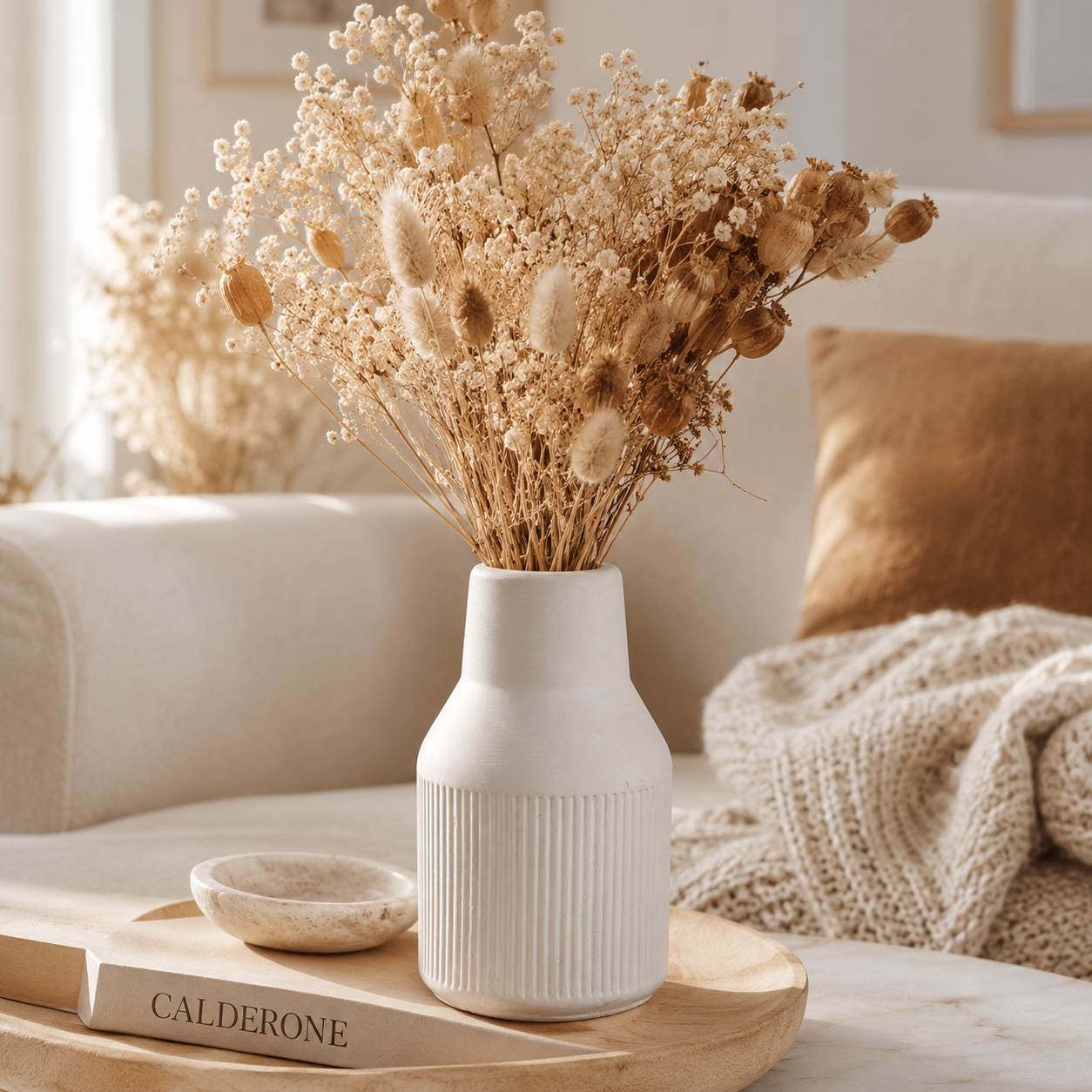 Modern White Concrete Vase | Waterproof Decorative Flower Vase for Fresh & Dried Flowers | Minimalist Ribbed Home Décor Accent