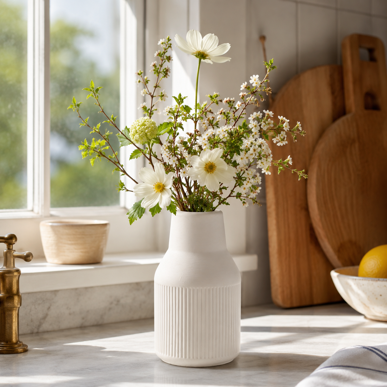 Modern White Concrete Vase | Waterproof Decorative Flower Vase for Fresh & Dried Flowers | Minimalist Ribbed Home Décor Accent