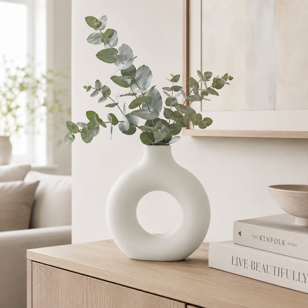 Round White Concrete Vase | Waterproof Vase for Fresh & Dried Flowers