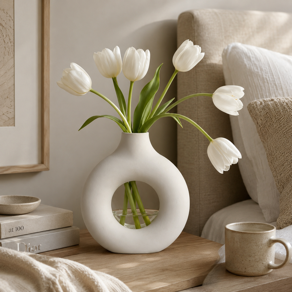 Round White Concrete Vase | Waterproof Vase for Fresh & Dried Flowers