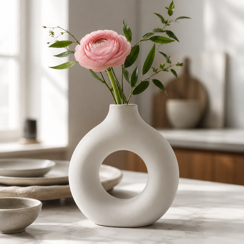 Round White Concrete Vase | Waterproof Vase for Fresh & Dried Flowers