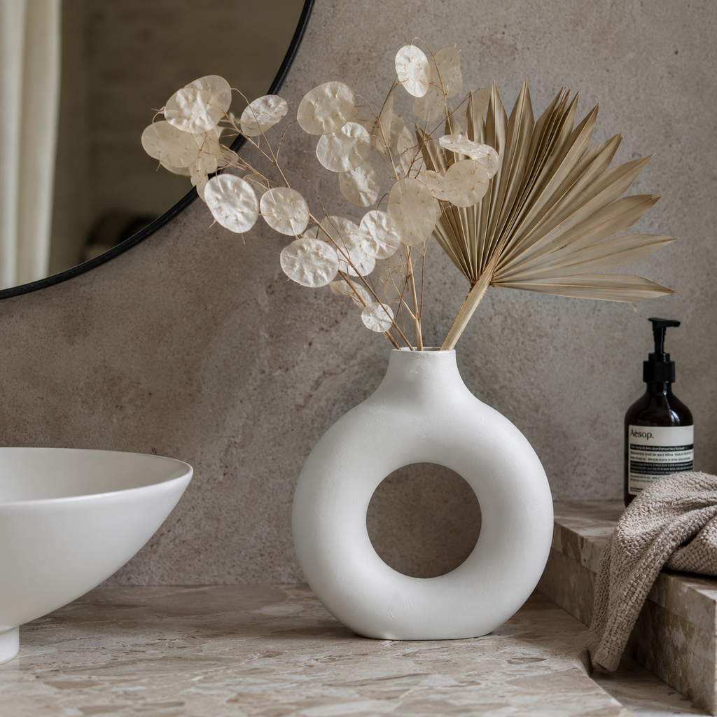 Round White Concrete Vase | Waterproof Vase for Fresh & Dried Flowers