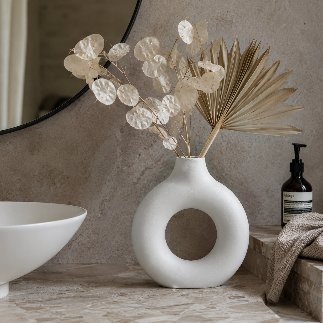 Round White Concrete Vase | Waterproof Vase for Fresh & Dried Flowers