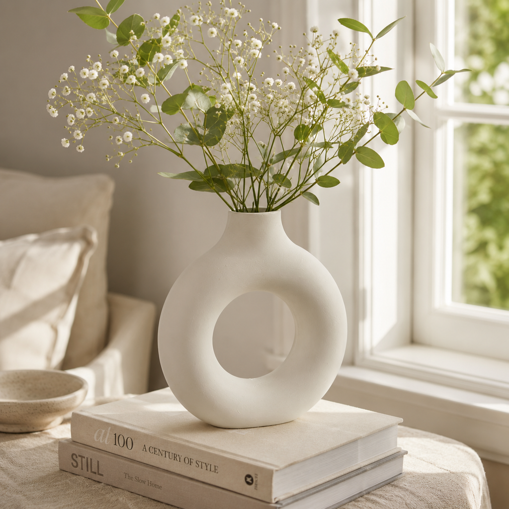 Round White Concrete Vase | Waterproof Vase for Fresh & Dried Flowers