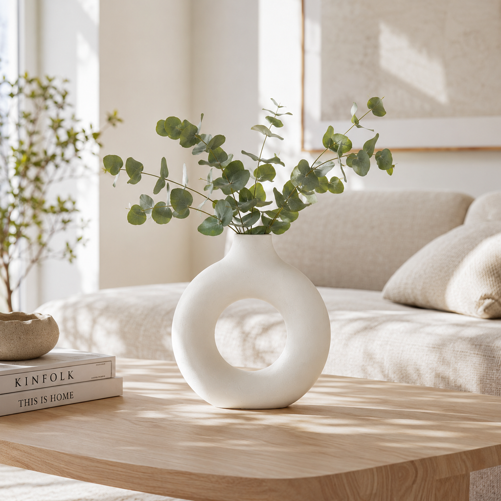 Round White Concrete Vase | Waterproof Vase for Fresh & Dried Flowers