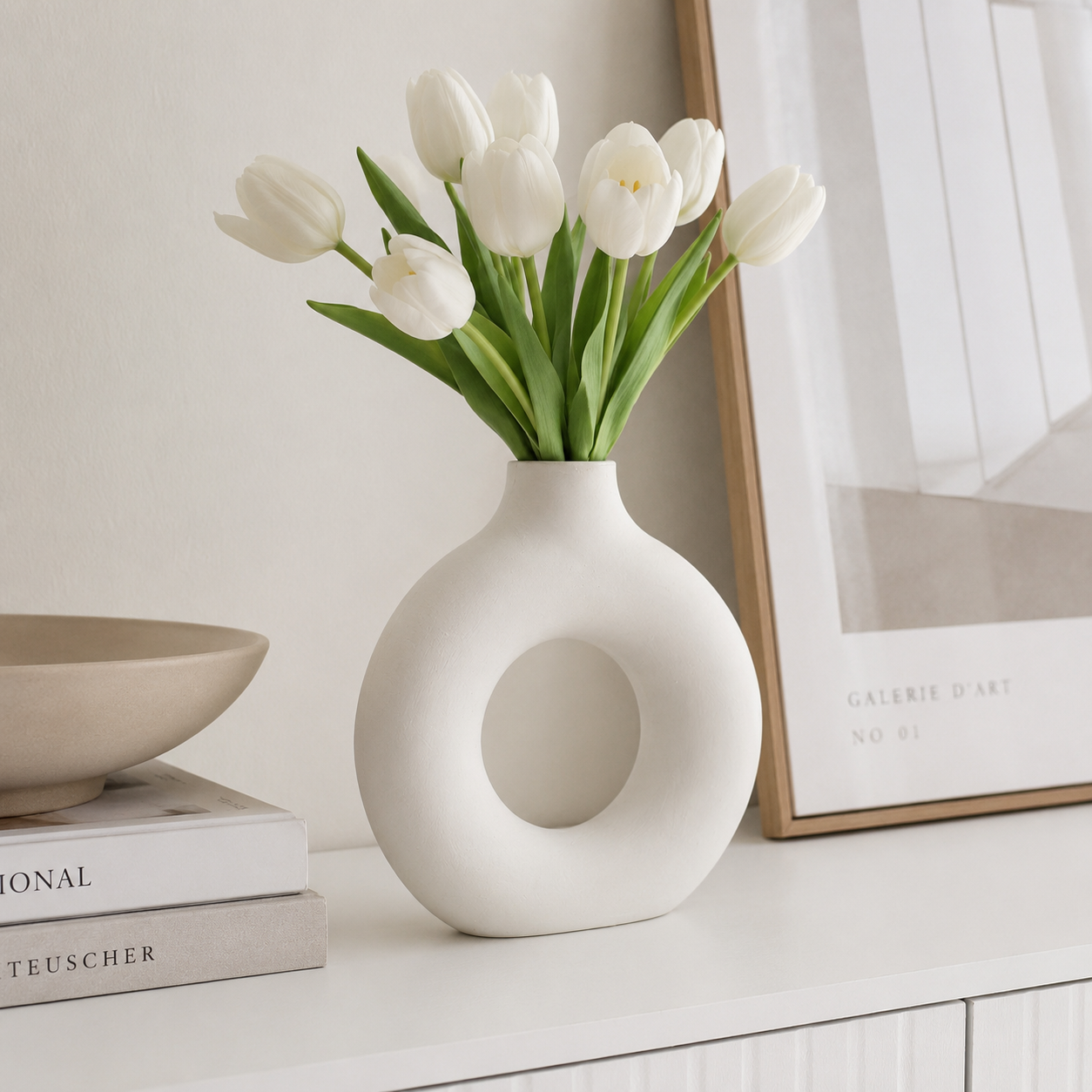 Round White Concrete Vase | Waterproof Vase for Fresh & Dried Flowers