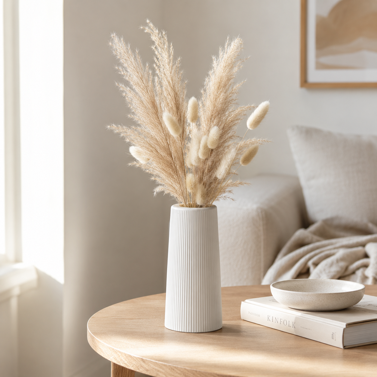 Tall Ribbed Concrete Vase | Waterproof White Vase for Fresh & Dried Flowers | Modern Minimalist Home Décor