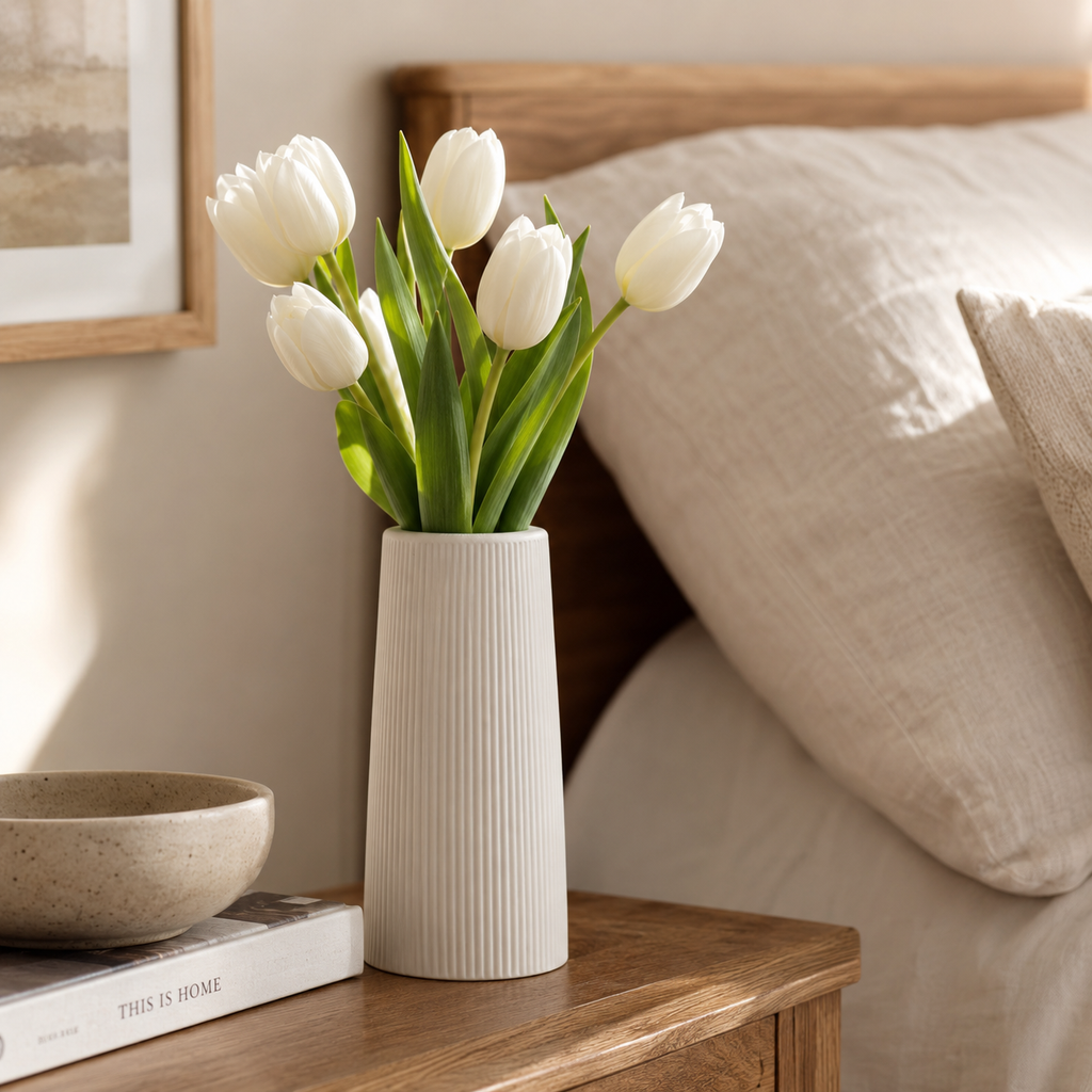 Tall Ribbed Concrete Vase | Waterproof White Vase for Fresh & Dried Flowers | Modern Minimalist Home Décor