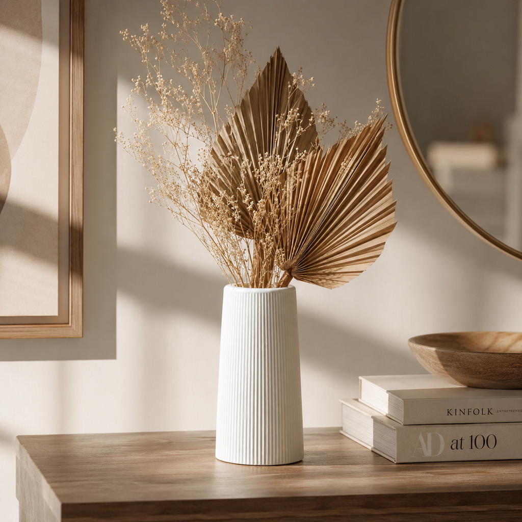 Tall Ribbed Concrete Vase | Waterproof White Vase for Fresh & Dried Flowers | Modern Minimalist Home Décor