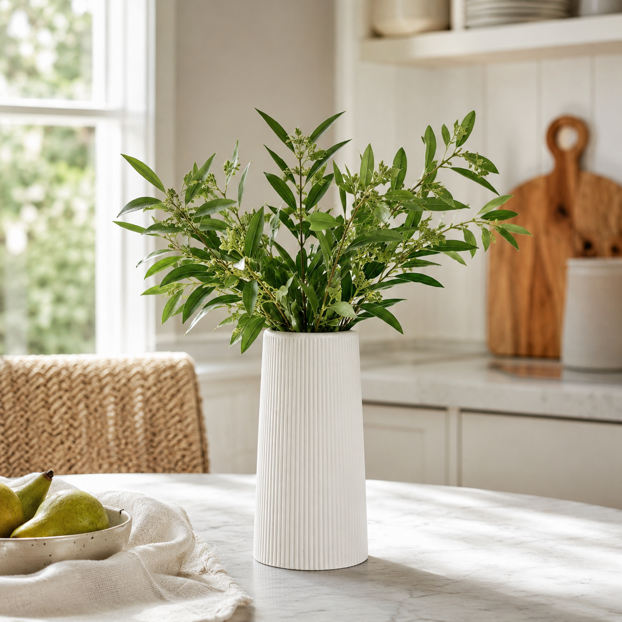 Tall Ribbed Concrete Vase | Waterproof White Vase for Fresh & Dried Flowers | Modern Minimalist Home Décor