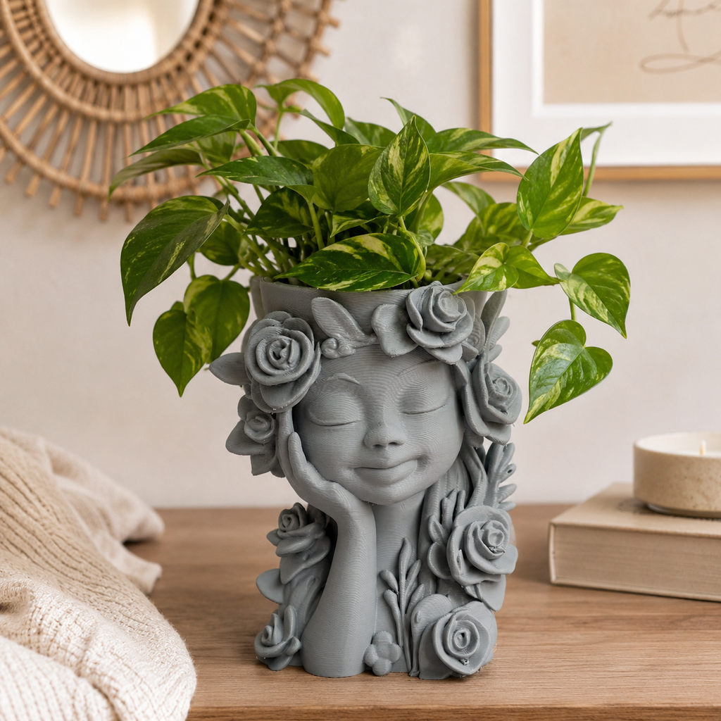 3D Printed Floral Face Planter | Artistic Girl Head Plant Pot for Indoor Plants | Modern Decorative Flower Pot