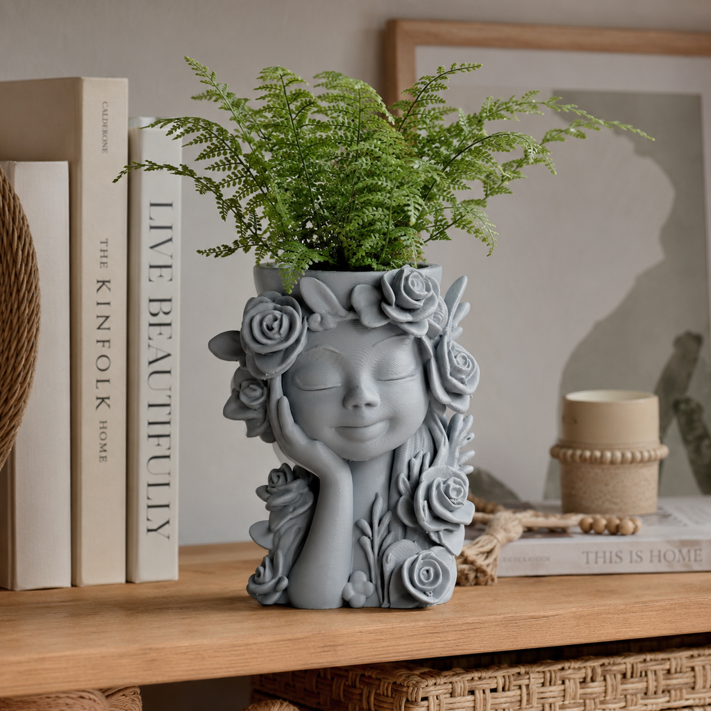 3D Printed Floral Face Planter | Artistic Girl Head Plant Pot for Indoor Plants | Modern Decorative Flower Pot