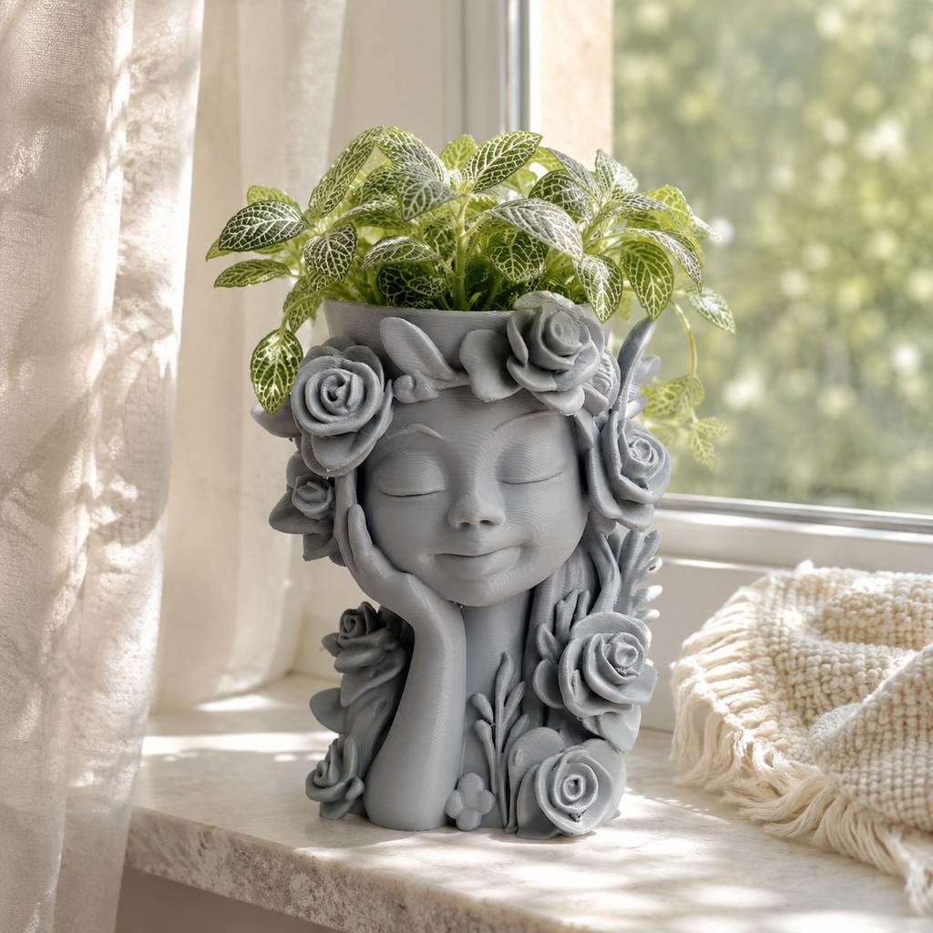 3D Printed Floral Face Planter | Artistic Girl Head Plant Pot for Indoor Plants | Modern Decorative Flower Pot